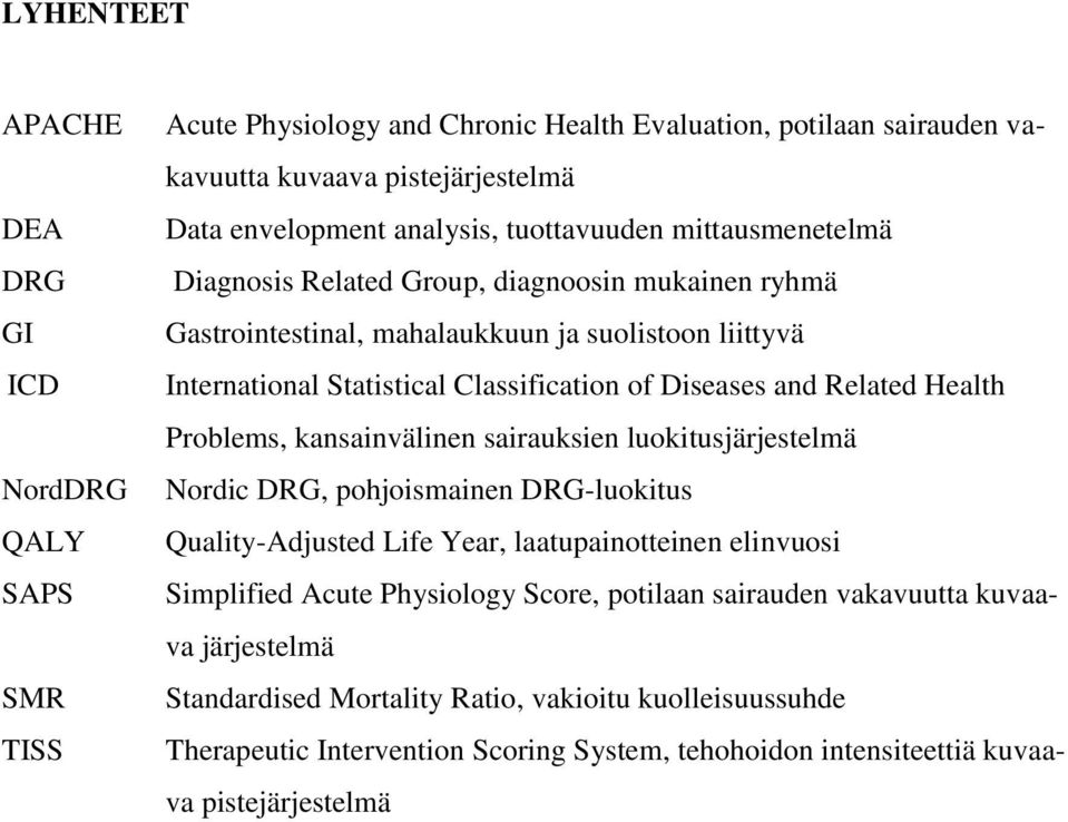 Related Health Problems, kansainvälinen sairauksien luokitusjärjestelmä Nordic DRG, pohjoismainen DRG-luokitus Quality-Adjusted Life Year, laatupainotteinen elinvuosi Simplified Acute Physiology