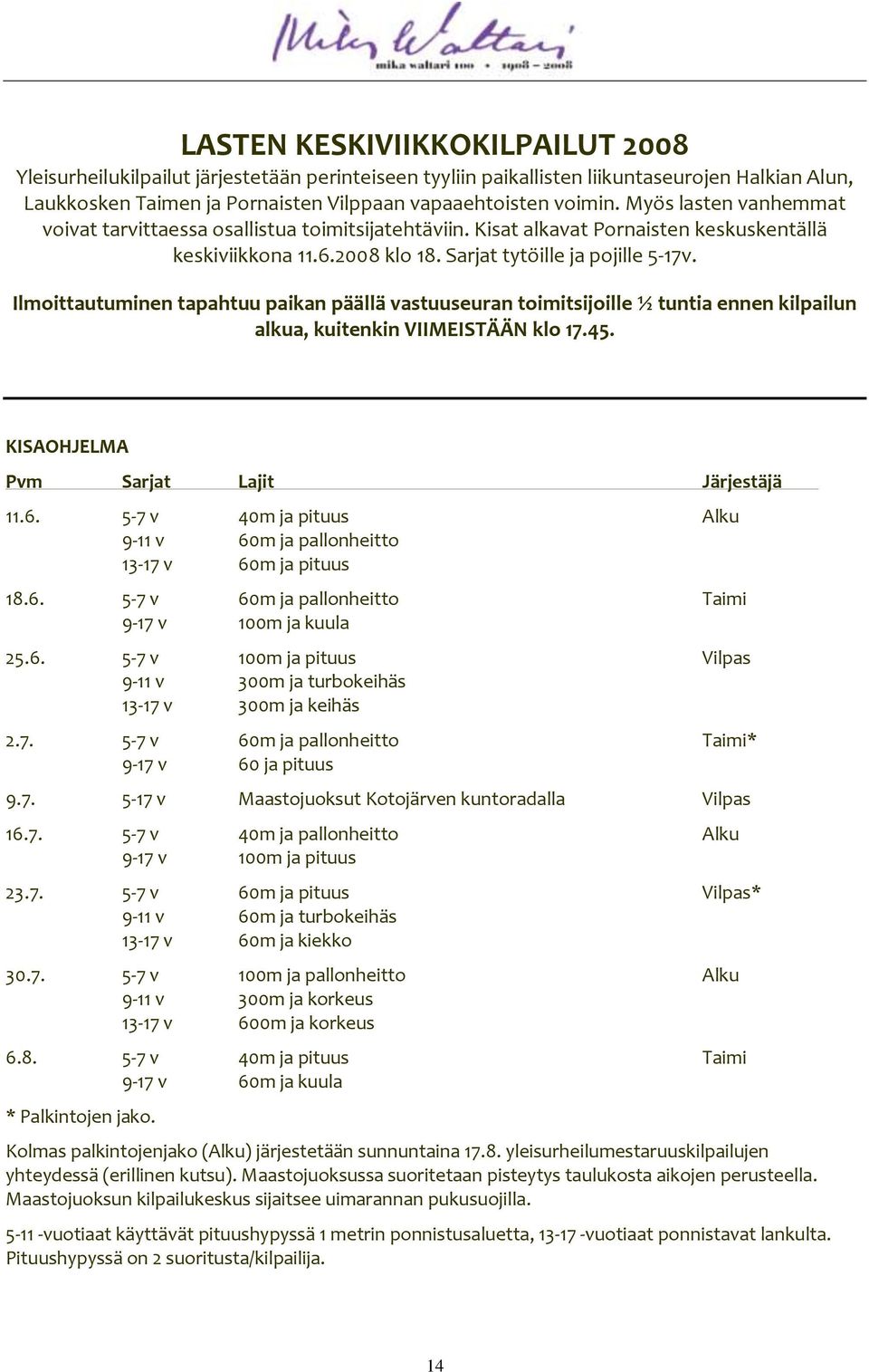 Ilmoittautuminen tapahtuu paikan päällä vastuuseuran toimitsijoille ½ tuntia ennen kilpailun alkua, kuitenkin VIIMEISTÄÄN klo 17.45. KISAOHJELMA Pvm Sarjat Lajit Järjestäjä 11.6.