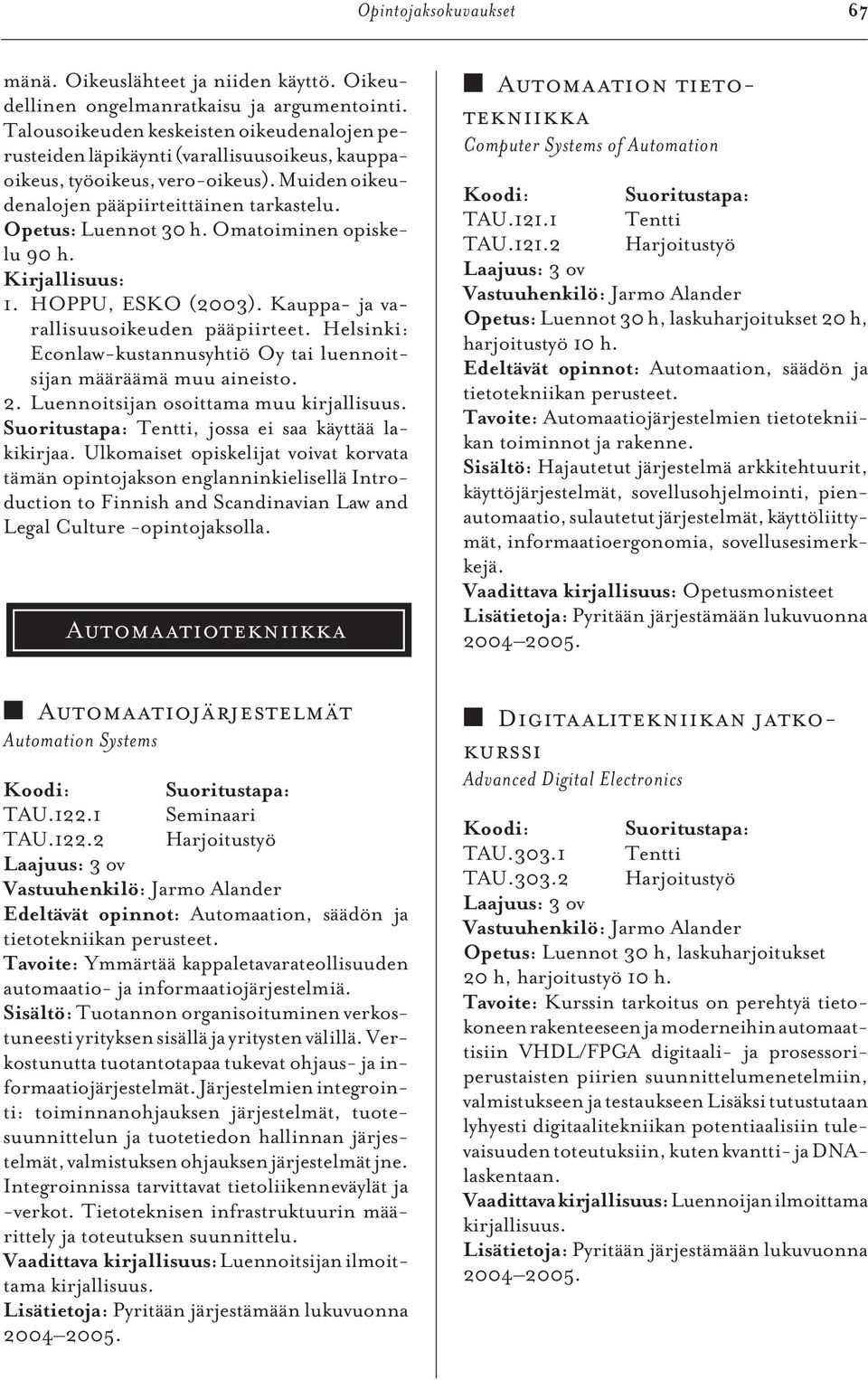 Omatoiminen opiskelu 90 h. 1. HOPPU, ESKO (2003). Kauppa- ja varallisuusoikeuden pääpiirteet. Helsinki: Econlaw-kustannusyhtiö Oy tai luennoitsijan määräämä muu aineisto. 2.