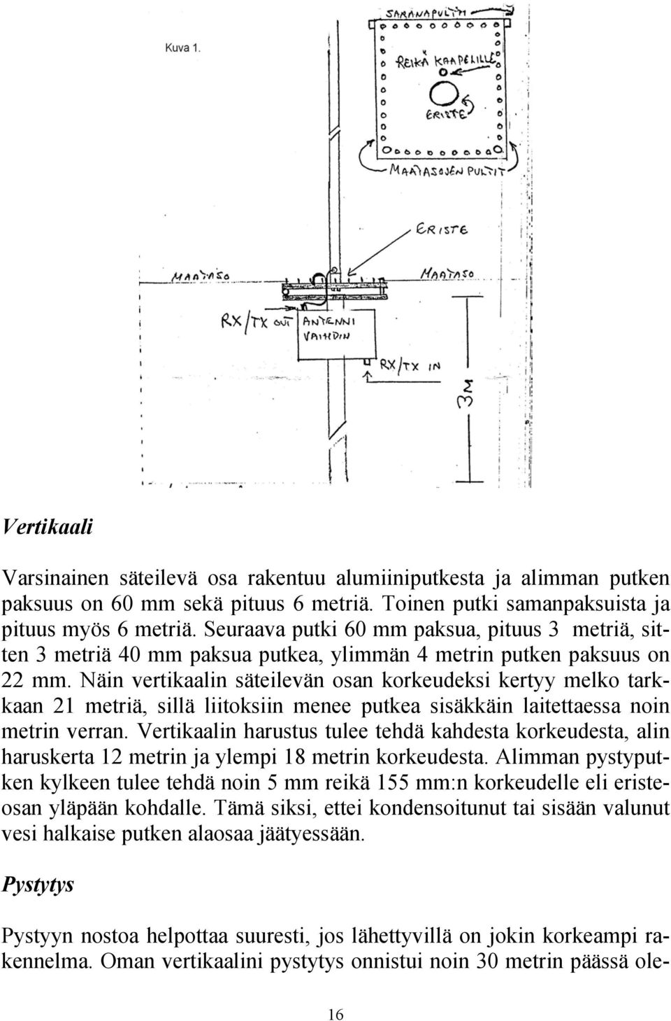 Näin vertikaalin säteilevän osan korkeudeksi kertyy melko tarkkaan 21 metriä, sillä liitoksiin menee putkea sisäkkäin laitettaessa noin metrin verran.