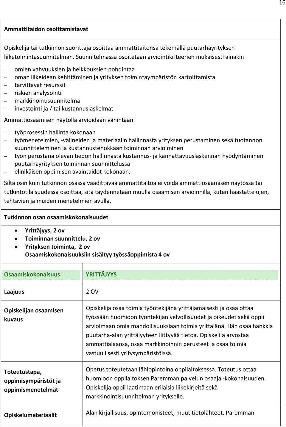 riskien analysointi markkinointisuunnitelma investointi ja / tai kustannuslaskelmat Ammattiosaamisen näytöllä arvioidaan vähintään työprosessin hallinta kokonaan työmenetelmien, välineiden ja