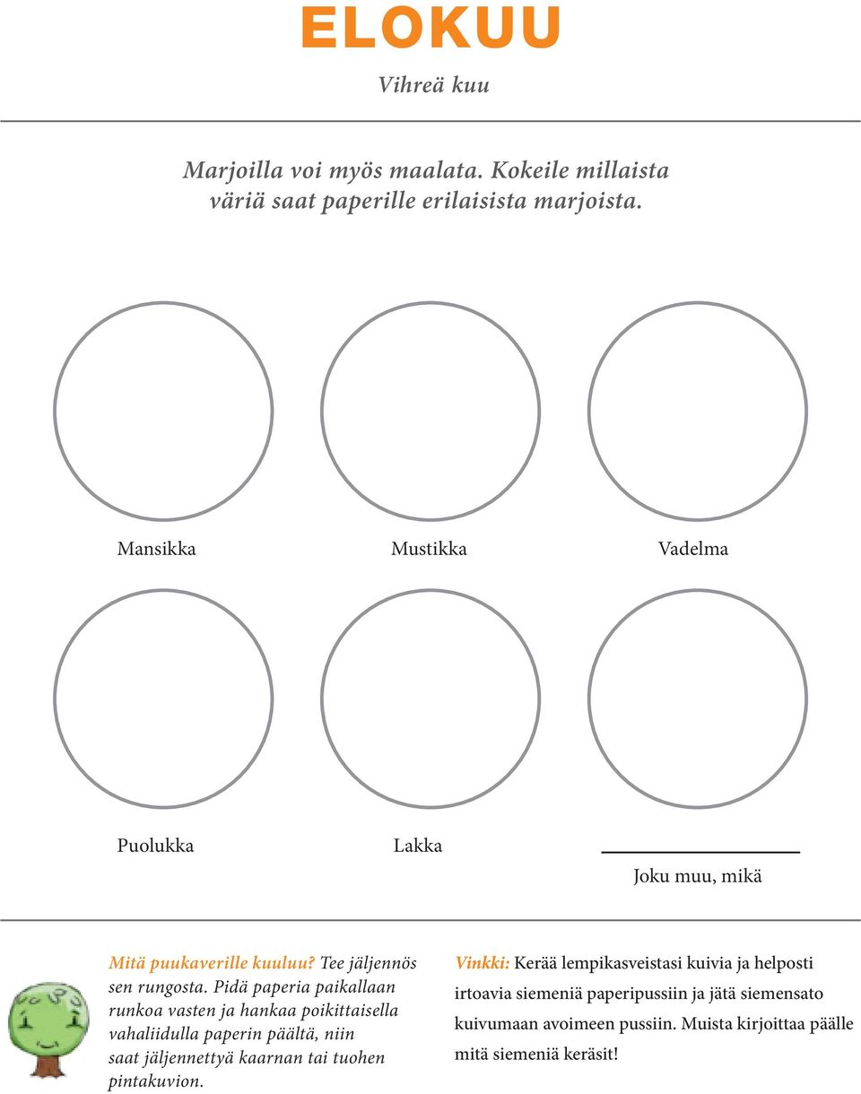 Pidä paperia paikallaan runkoa vasten ja hankaa poikittaisella vahaliidulla paperin päältä, niin saat jäljennettyä kaarnan tai tuohen