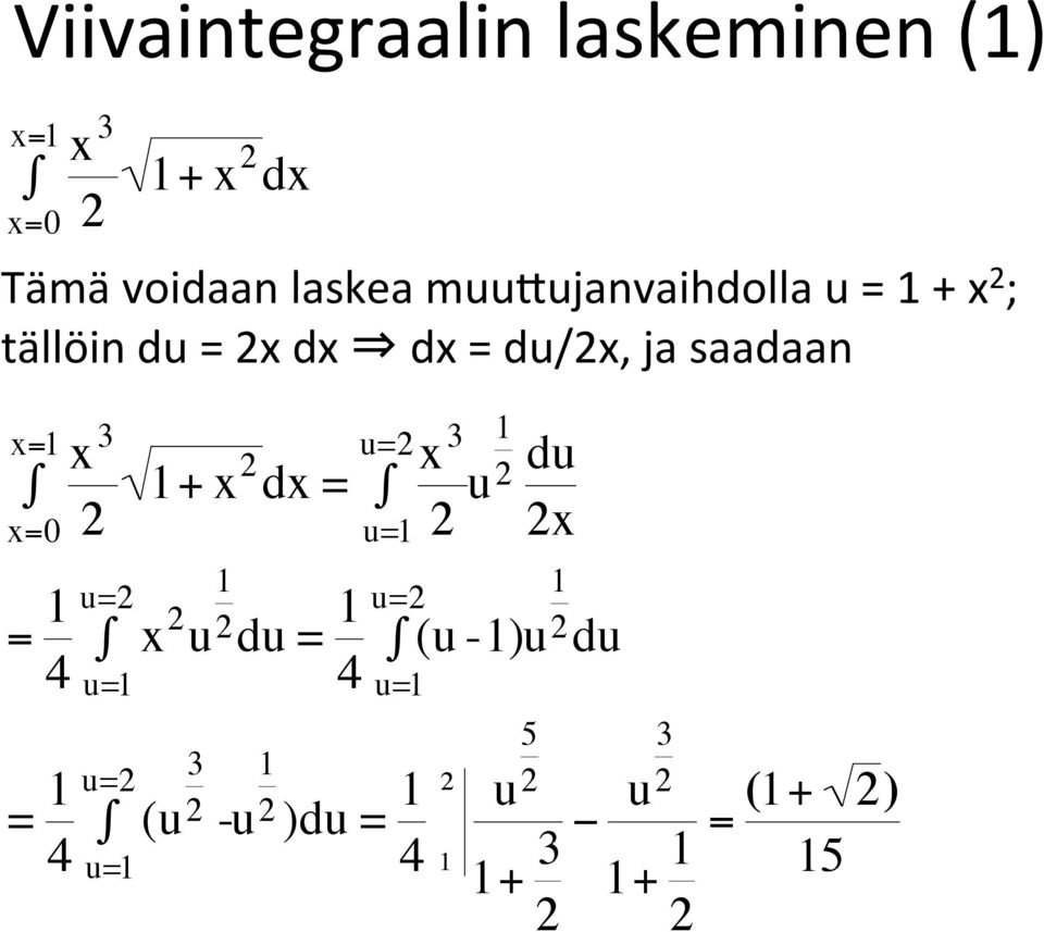 1+ x 2 dx = 2 x=0 = 1 4 = 1 4 u=2 x 2 u=1 u=2 u=1 (u 1 u 2 du = 1 4 3 2-1 u=2x 3