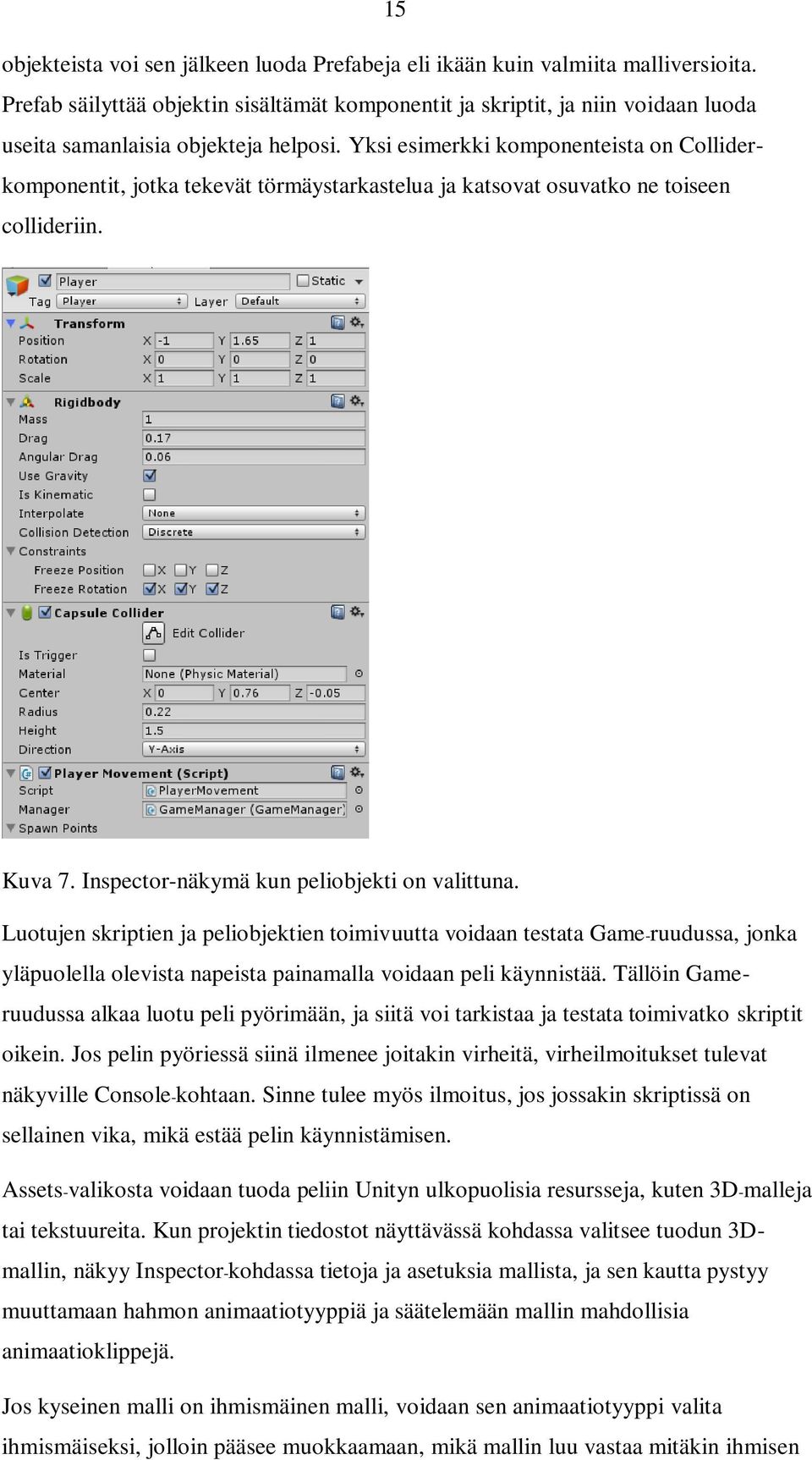 Yksi esimerkki komponenteista on Colliderkomponentit, jotka tekevät törmäystarkastelua ja katsovat osuvatko ne toiseen collideriin. Kuva 7. Inspector-näkymä kun peliobjekti on valittuna.