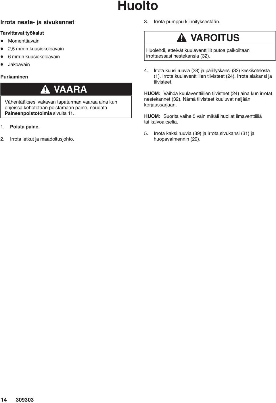 VAROITUS Huolehdi, etteivät kuulaventtiilit putoa paikoiltaan irrottaessasi nestekansia (3). 4. Irrota kuusi ruuvia (38) ja päällyskansi (3) keskikotelosta (). Irrota kuulaventtiilien tiivisteet (4).