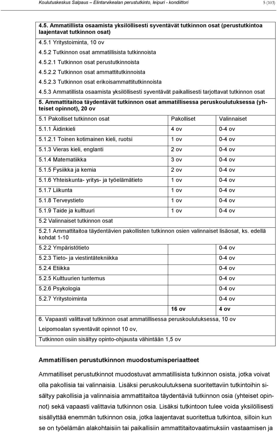 5.3 Ammatillista osaamista yksilöllisesti syventävät paikallisesti tarjottavat tutkinnon osat 5. Ammattitaitoa täydentävät tutkinnon osat ammatillisessa peruskoulutuksessa (yhteiset opinnot), 20 ov 5.