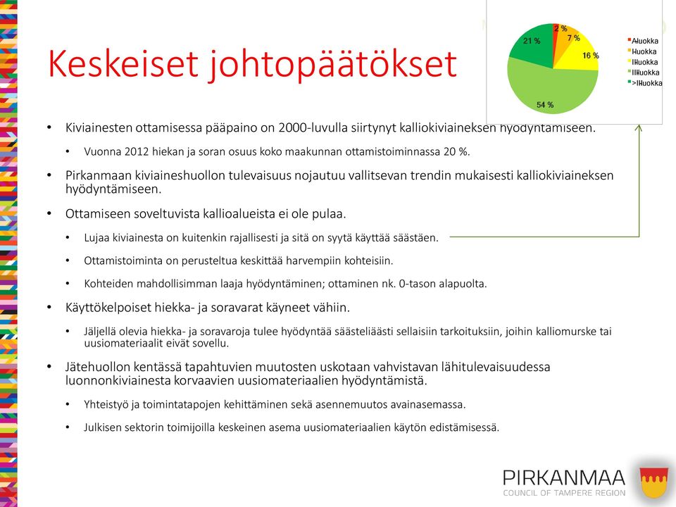 Pirkanmaan kiviaineshuollon tulevaisuus nojautuu vallitsevan trendin mukaisesti kalliokiviaineksen hyödyntämiseen. Ottamiseen soveltuvista kallioalueista ei ole pulaa.