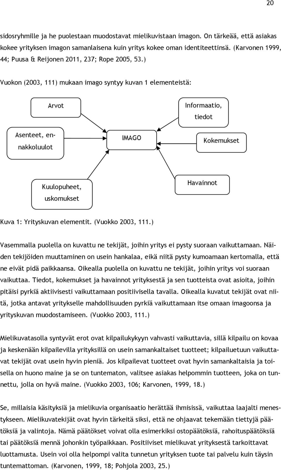 ) Vuokon (2003, 111) mukaan imago syntyy kuvan 1 elementeistä: Arvot Informaatio, tiedot Asenteet, ennakkoluulot IMAGO Kokemukset Kuulopuheet, uskomukset Havainnot Kuva 1: Yrityskuvan elementit.