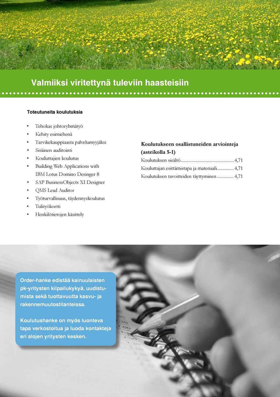 Koulutukseen osallistuneiden arviointeja (asteikolla 5-1) Koulutuksen sisältö...4,71 Kouluttajan esittämistapa ja materiaali... 4,71 Koulutuksen tavoitteiden täyttyminen.