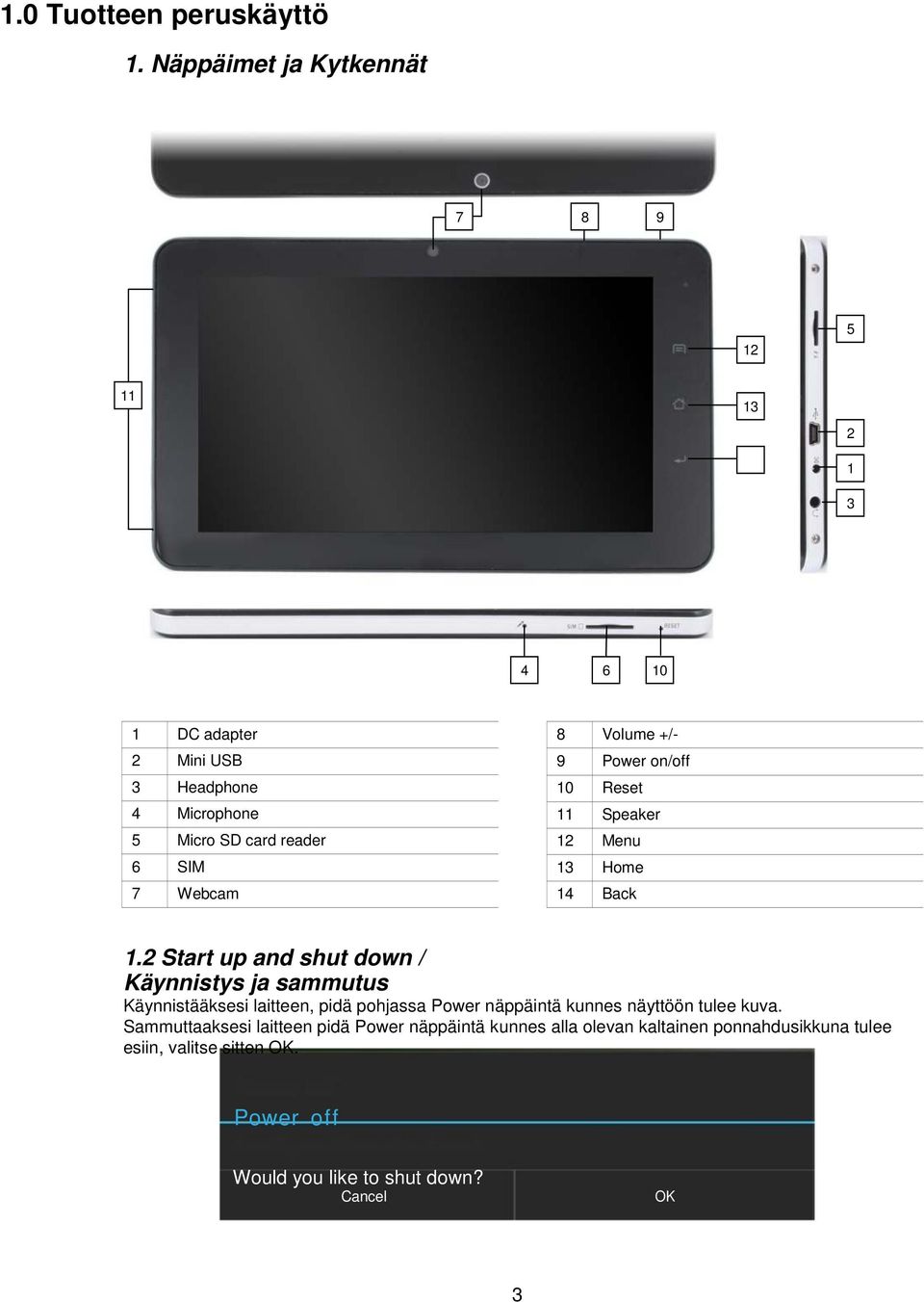 Webcam 8 Volume +/- 9 Power on/off 10 Reset 11 Speaker 12 Menu 13 Home 14 Back 1.