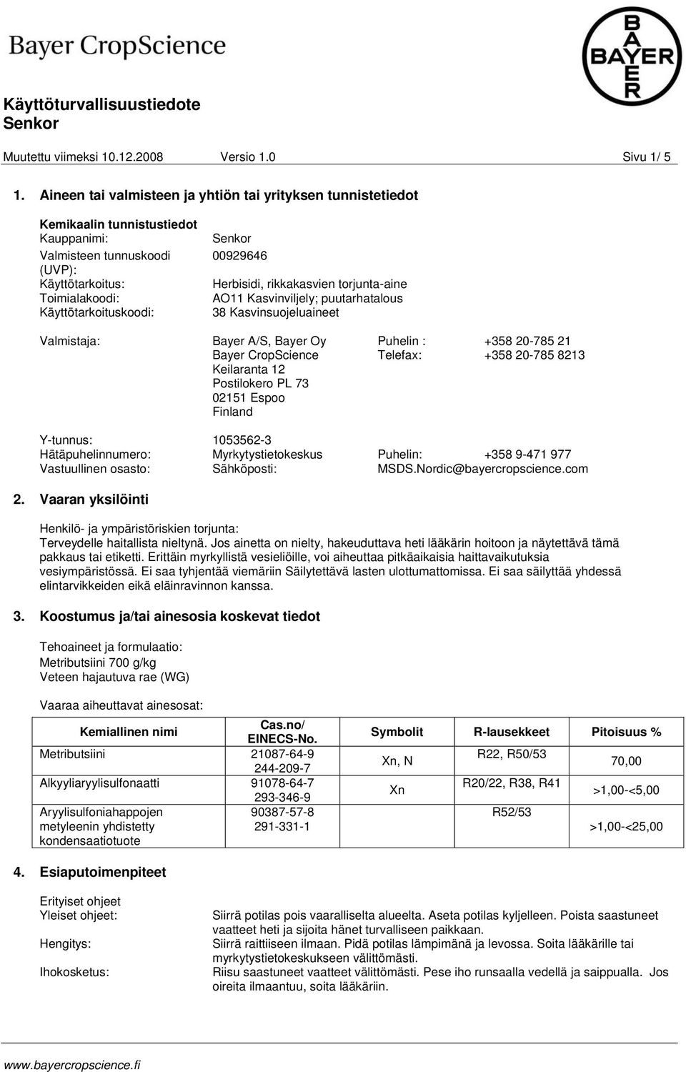 Herbisidi, rikkakasvien torjunta-aine AO11 Kasvinviljely; puutarhatalous 38 Kasvinsuojeluaineet Valmistaja: Bayer A/S, Bayer Oy Bayer CropScience Keilaranta 12 Postilokero PL 73 02151 Espoo Finland