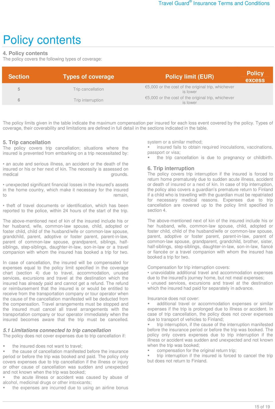 whichever is lower 5,000 or the cost of the original trip, whichever is lower Policy excess The policy limits given in the table indicate the maximum compensation per insured for each loss event