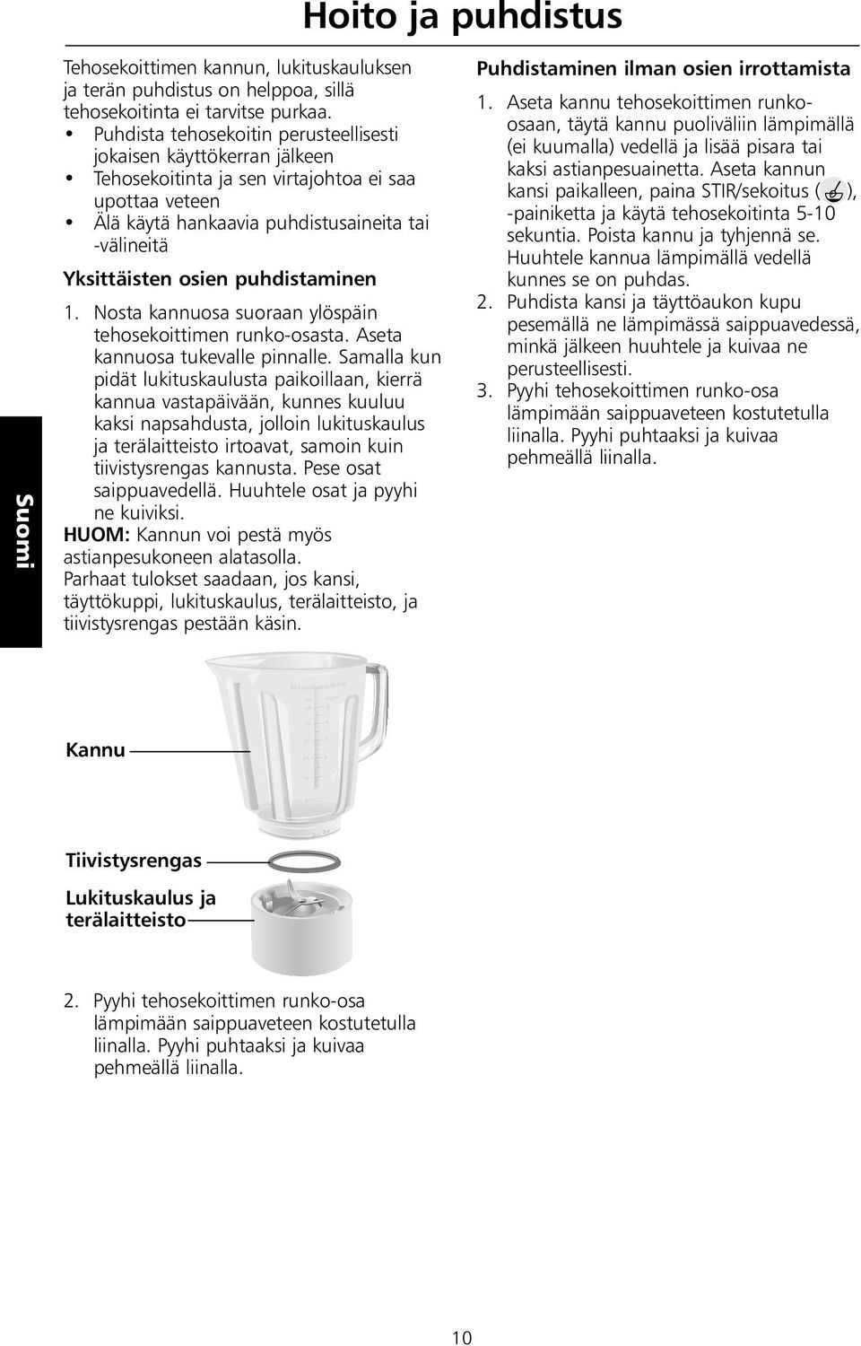 puhdistaminen 1. Nosta kannuosa suoraan ylöspäin tehosekoittimen runko-osasta. Aseta kannuosa tukevalle pinnalle.