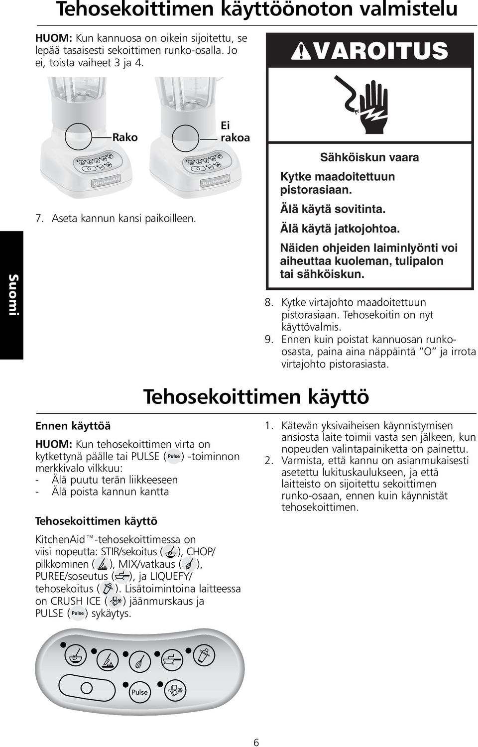 Näiden ohjeiden laiminlyönti voi aiheuttaa kuoleman, tulipalon tai sähköiskun. 8. Kytke virtajohto maadoitettuun pistorasiaan. Tehosekoitin on nyt käyttövalmis. 9.