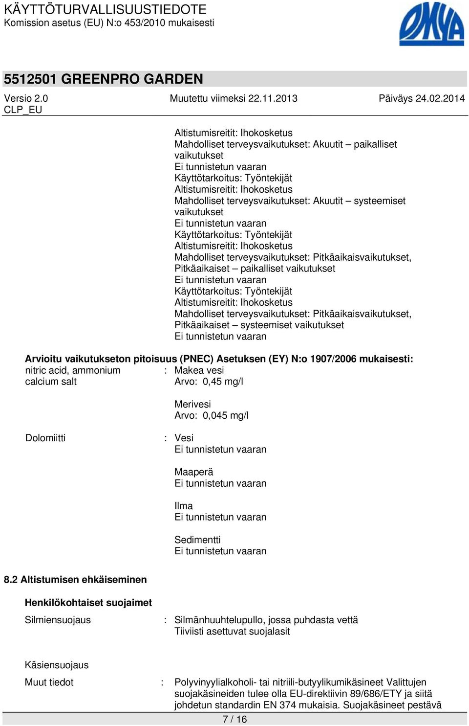 Pitkäaikaisvaikutukset, Pitkäaikaiset systeemiset vaikutukset Arvioitu vaikutukseton pitoisuus (PNEC) Asetuksen (EY) N:o 1907/2006 mukaisesti: nitric acid, ammonium : Makea vesi calcium salt Arvo: