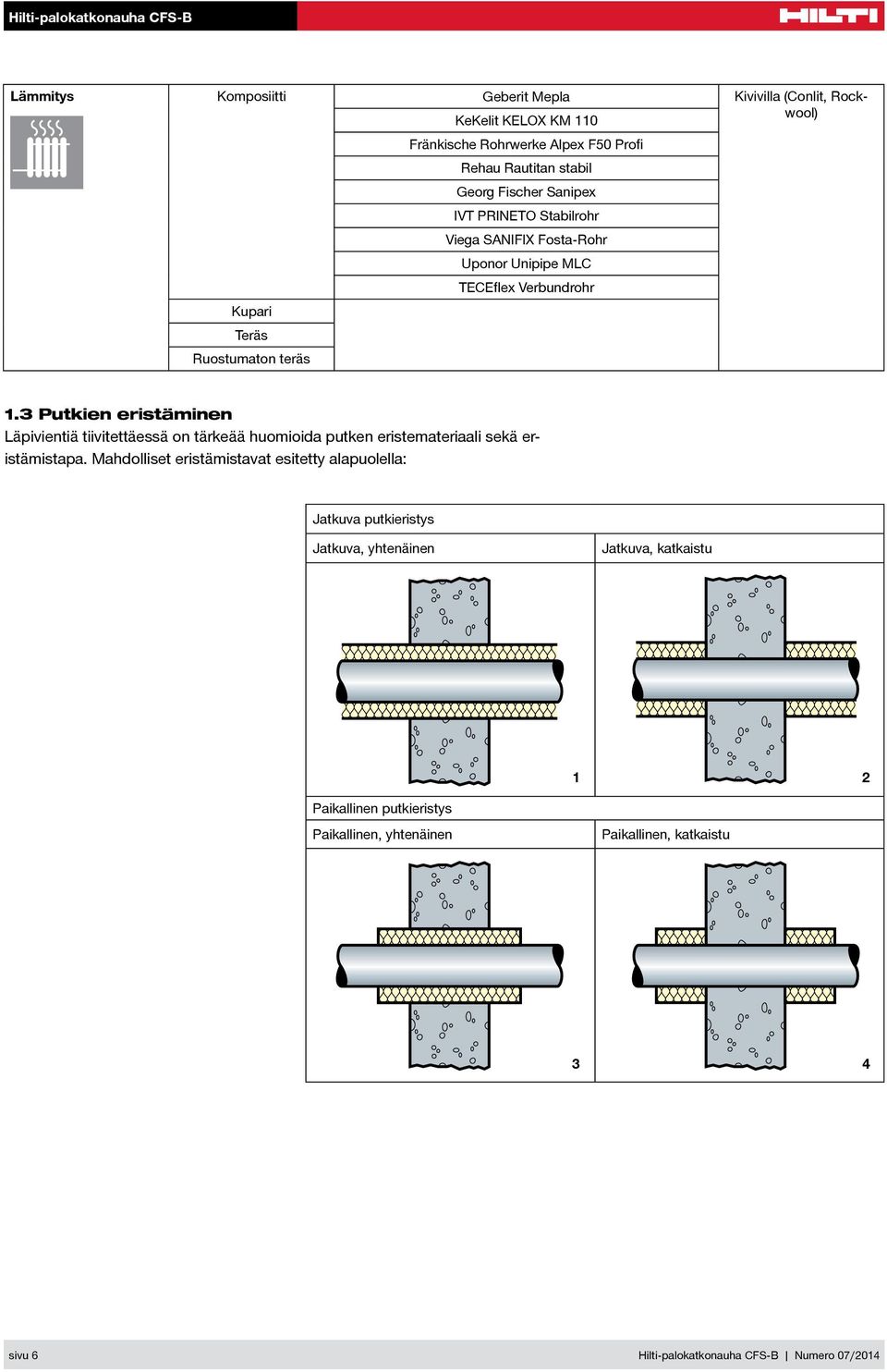 3 Putkien eristäminen Läpivientiä Rohrpost tiivitettäessä on tärkeää huomioida putken eristemateriaali sekä eristämistapa.