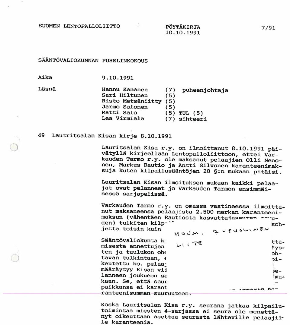 10.1991 Lauritsalan Kisa r.y. on ilmoittanut 8.10.1991 päi vätyllä kirjeellään Lentopalloliittoon, ettei Var kauden Tarmo r.y. ole maksanut pelaajien Olli Neno nen, Markus Rautio ja Antti Silvonen karanteenimak suja kuten kilpailusääntöjen 20 :n mukaan pitäisi.