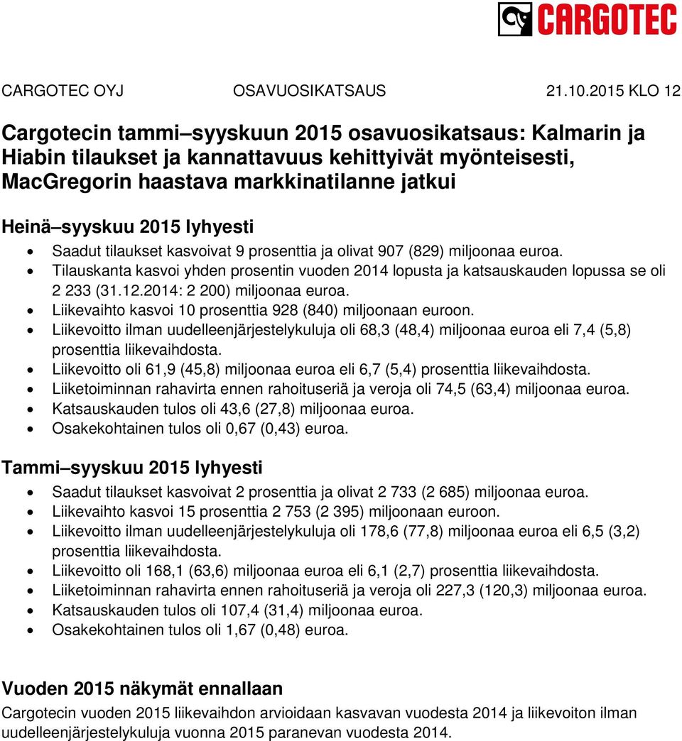 Liikevaihto kasvoi 10 prosenttia 928 (840) miljoonaan euroon. Liikevoitto ilman uudelleenjärjestelykuluja oli 68,3 (48,4) miljoonaa euroa eli 7,4 (5,8) prosenttia liikevaihdosta.