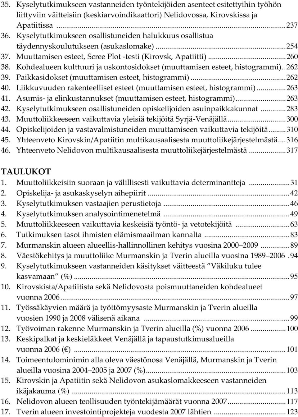 Kohdealueen kulttuuri ja uskontosidokset (muuttamisen esteet, histogrammi).. 262 39. Paikkasidokset (muuttamisen esteet, histogrammi)... 262 40.