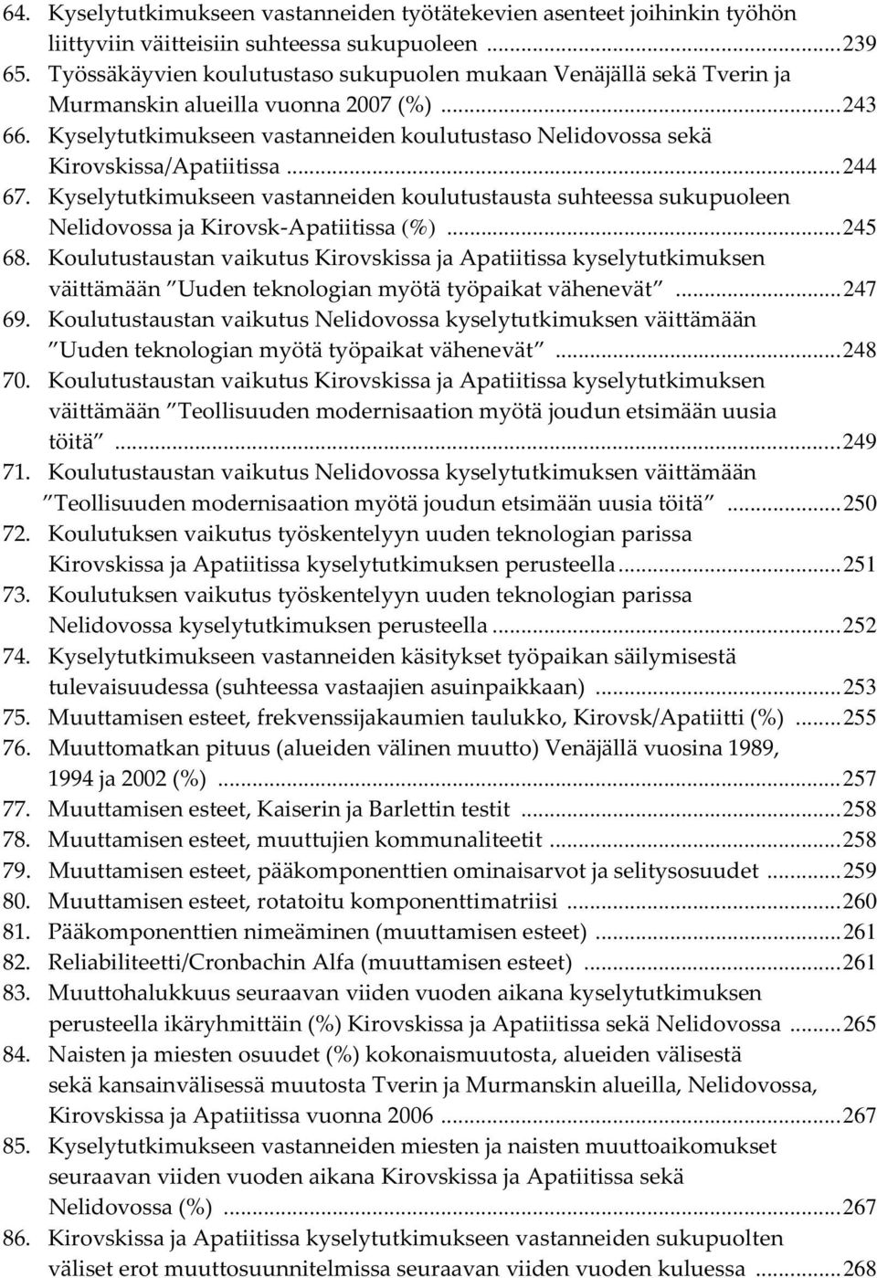 Kyselytutkimukseen vastanneiden koulutustaso Nelidovossa sekä Kirovskissa/Apatiitissa... 244 67.