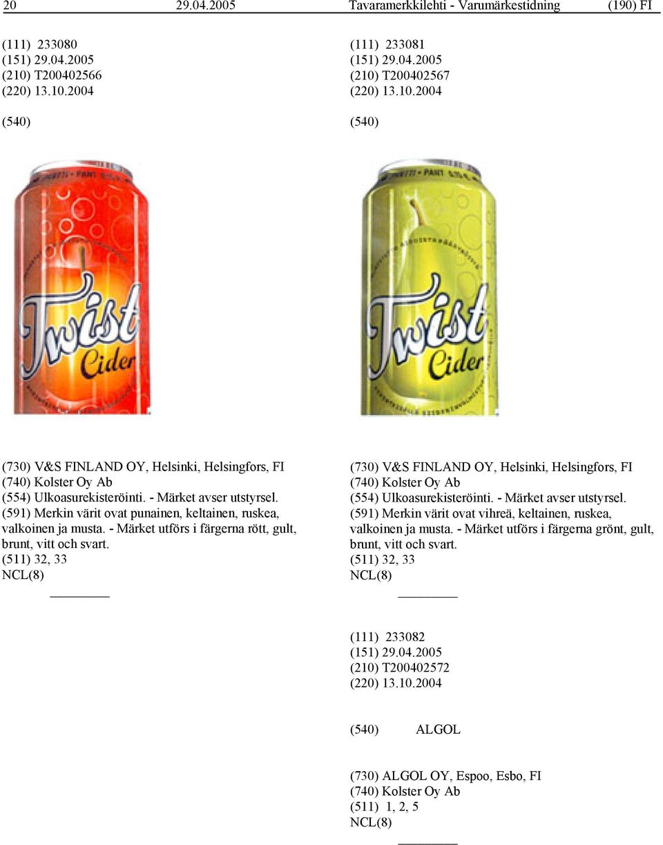 (511) 32, 33 (730) V&S FINLAND OY, Helsinki, Helsingfors, FI (740) Kolster Oy Ab (554) Ulkoasurekisteröinti. - Märket avser utstyrsel.