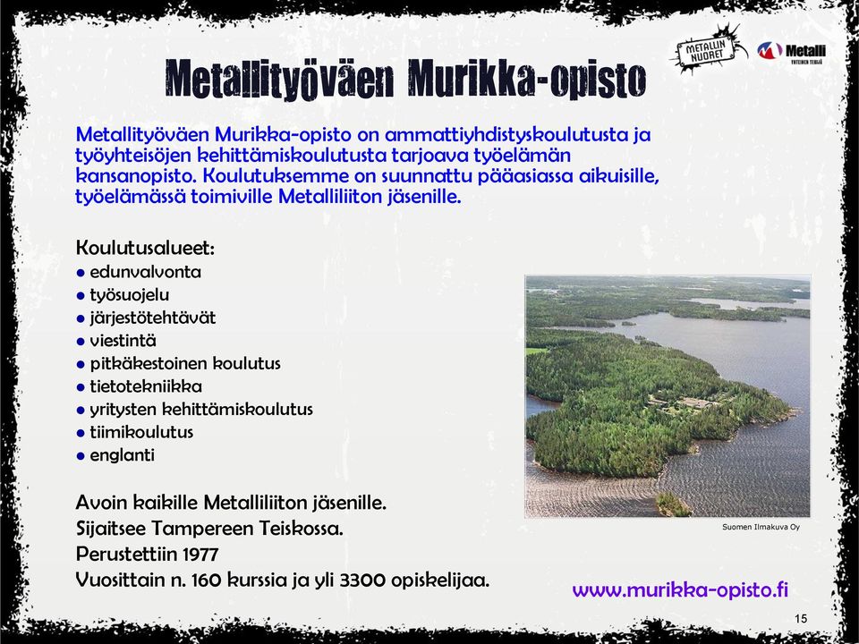 Koulutusalueet: edunvalvonta työsuojelu järjestötehtävät viestintä pitkäkestoinen koulutus tietotekniikka yritysten kehittämiskoulutus tiimikoulutus