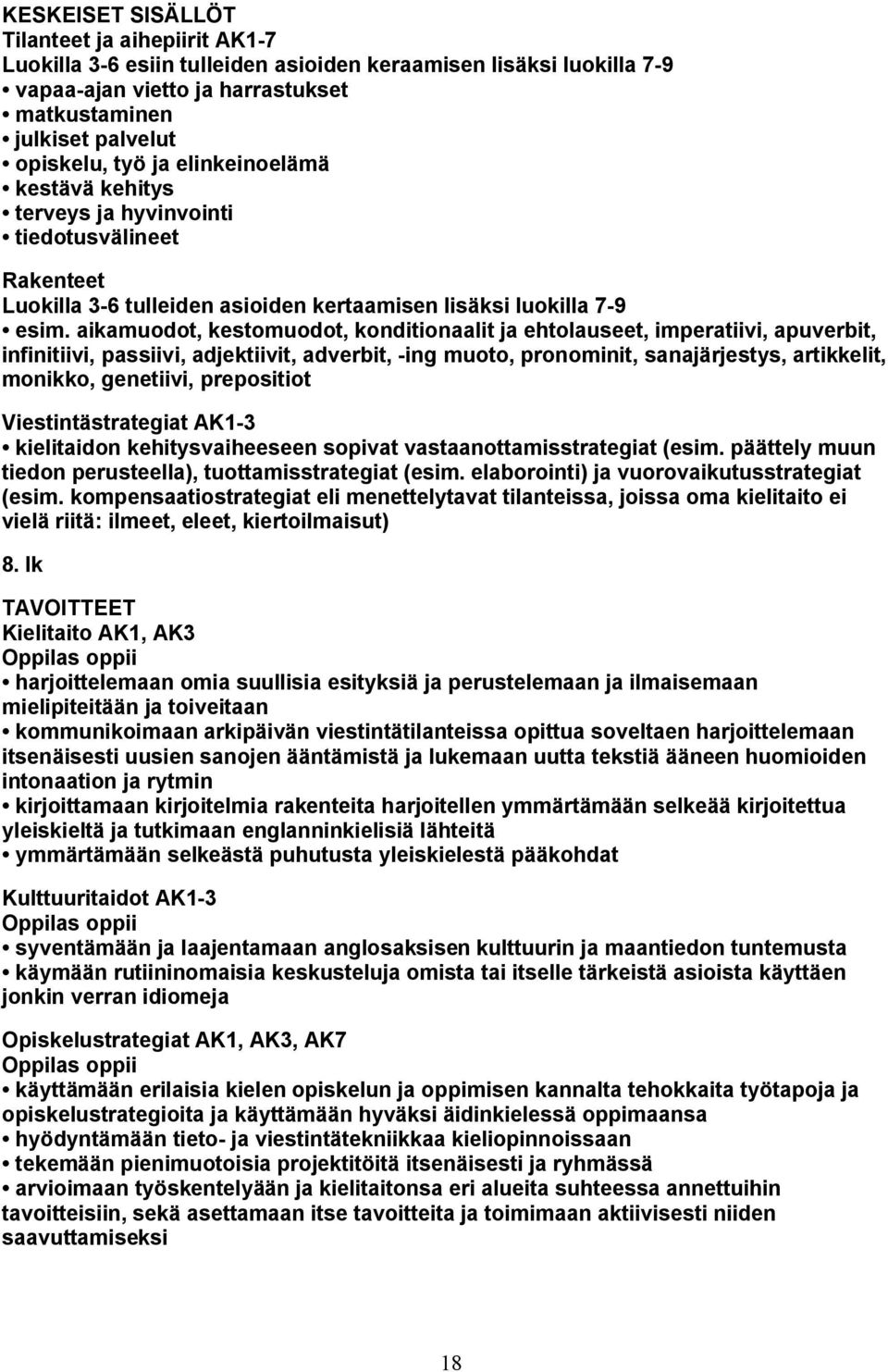 aikamuodot, kestomuodot, konditionaalit ja ehtolauseet, imperatiivi, apuverbit, infinitiivi, passiivi, adjektiivit, adverbit, -ing muoto, pronominit, sanajärjestys, artikkelit, monikko, genetiivi,