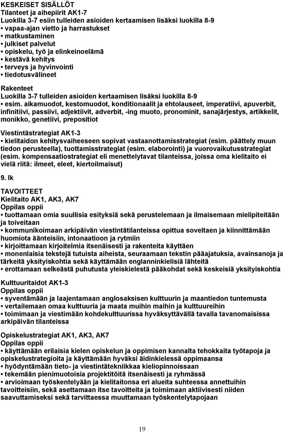 aikamuodot, kestomuodot, konditionaalit ja ehtolauseet, imperatiivi, apuverbit, infinitiivi, passiivi, adjektiivit, adverbit, -ing muoto, pronominit, sanajärjestys, artikkelit, monikko, genetiivi,