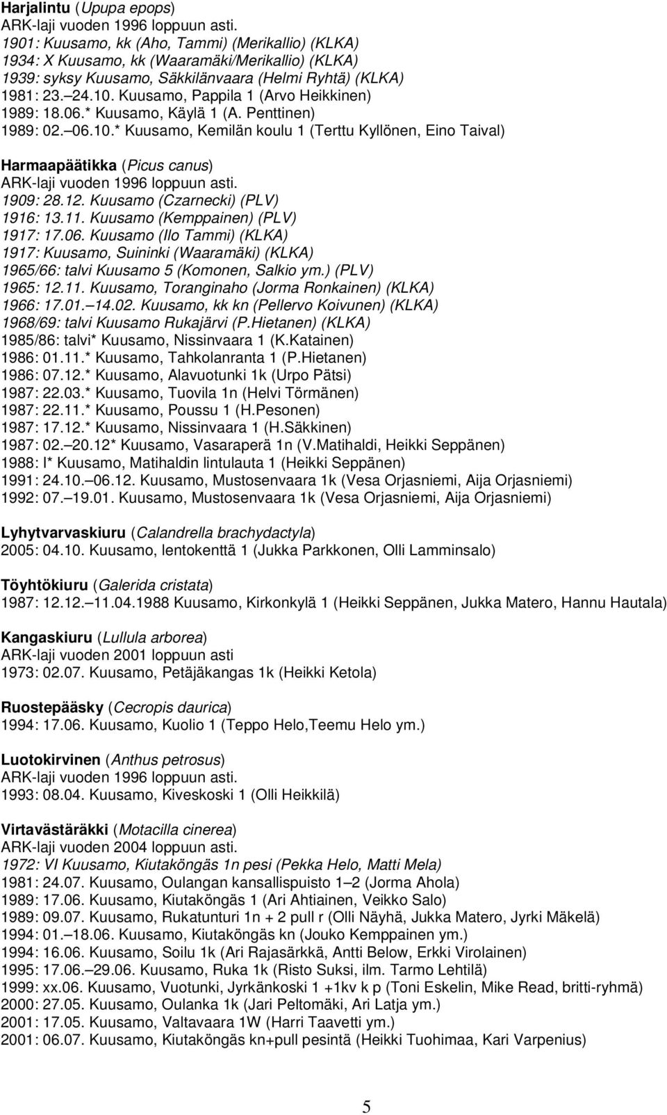 Kuusamo (Czarnecki) (PLV) 1916: 13.11. Kuusamo (Kemppainen) (PLV) 1917: 17.06. Kuusamo (Ilo Tammi) (KLKA) 1917: Kuusamo, Suininki (Waaramäki) (KLKA) 1965/66: talvi Kuusamo 5 (Komonen, Salkio ym.