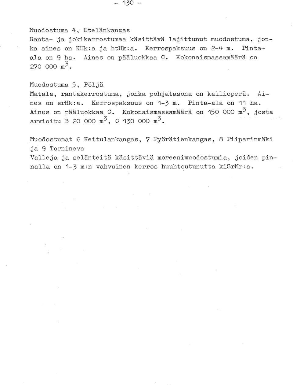 Aines on szhk : a. Kerrospaksuus on 1-3 in. Pinta-ala on 11 ha. Aines on pä.äl.uokkaa C. Kokonaismassamäärä on 150 000 m 3, jost a arvioitu B 20 000 m3, c 130 000 m3.