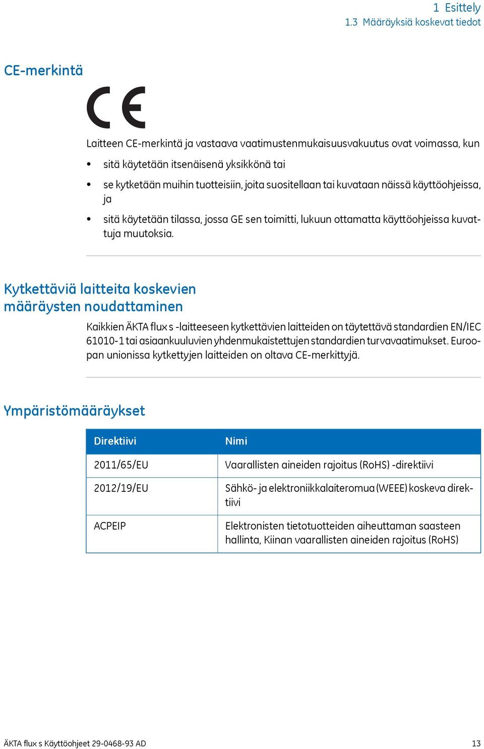 joita suositellaan tai kuvataan näissä käyttöohjeissa, ja sitä käytetään tilassa, jossa GE sen toimitti, lukuun ottamatta käyttöohjeissa kuvattuja muutoksia.