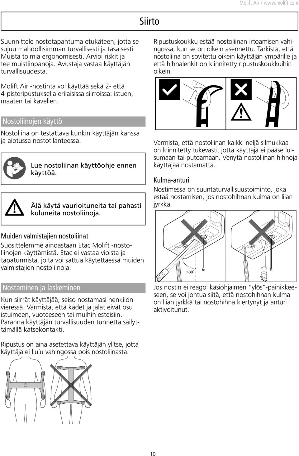 Tarkista, että nostoliina on sovitettu oikein käyttäjän ympärille ja että hihnalenkit on kiinnitetty ripustuskoukkuihin oikein.