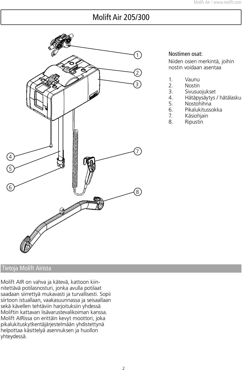 Ripustin 4 7 5 6 8 Tietoja Molift Airista Molift AIR on vahva ja kätevä, kattoon kiinnitettävä potilasnosturi, jonka avulla potilaat saadaan siirrettyä mukavasti ja
