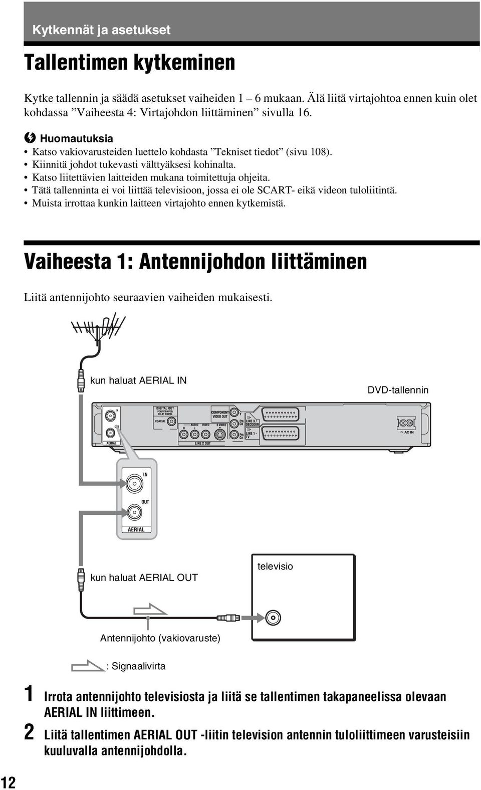 Tätä tallenninta ei voi liittää televisioon, jossa ei ole SCART- eikä videon tuloliitintä. Muista irrottaa kunkin laitteen virtajohto ennen kytkemistä.