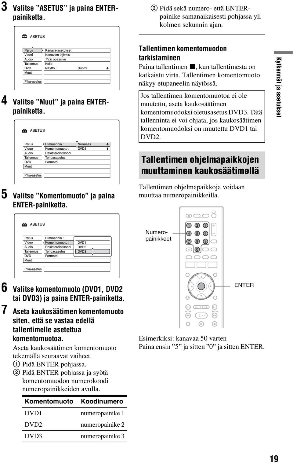 Jos tallentimen komentomuotoa ei ole muutettu, aseta kaukosäätimen komentomuodoksi oletusasetus DVD3. Tätä tallenninta ei voi ohjata, jos kaukosäätimen komentomuodoksi on muutettu DVD1 tai DVD2.