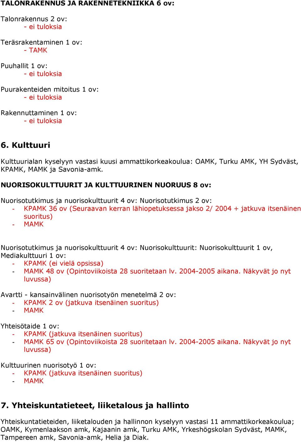 NUORISOKULTTUURIT JA KULTTUURINEN NUORUUS 8 ov: Nuorisotutkimus ja nuorisokulttuurit 4 ov: Nuorisotutkimus 2 ov: 36 ov (Seuraavan kerran lähiopetuksessa jakso 2/ 2004 + jatkuva itsenäinen suoritus)