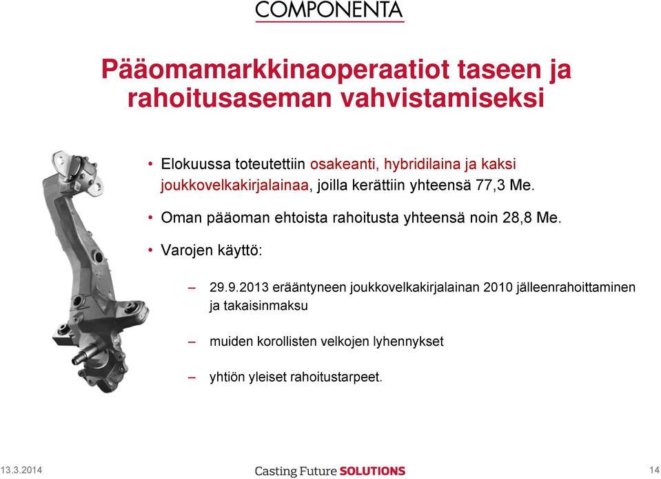 Oman pääoman ehtoista rahoitusta yhteensä noin 28,8 Me. Varojen käyttö: 29.