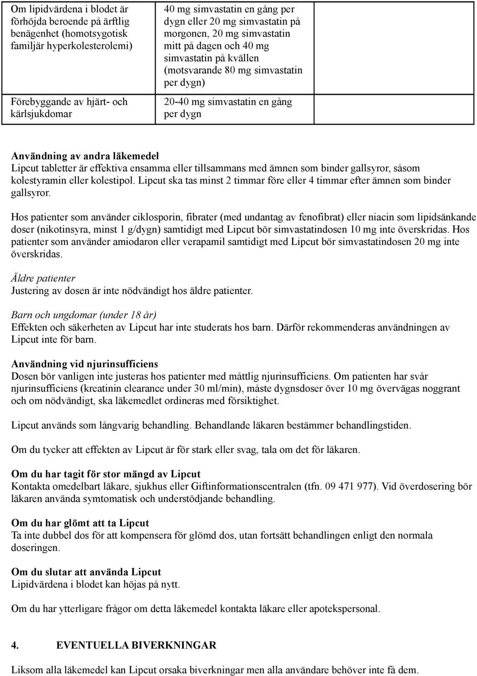 Lipcut tabletter är effektiva ensamma eller tillsammans med ämnen som binder gallsyror, såsom kolestyramin eller kolestipol.