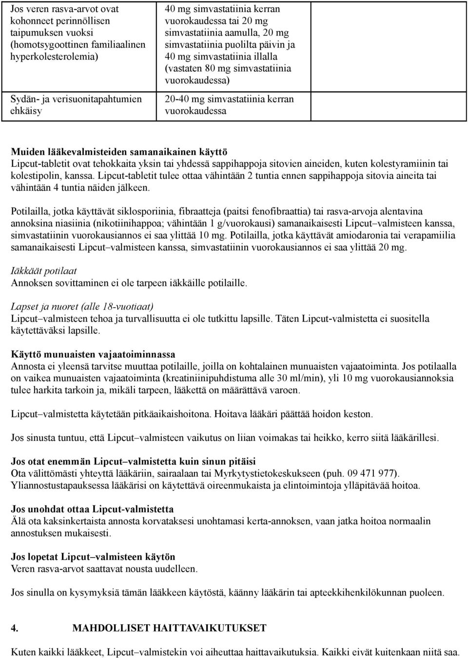 vuorokaudessa Muiden lääkevalmisteiden samanaikainen käyttö Lipcut-tabletit ovat tehokkaita yksin tai yhdessä sappihappoja sitovien aineiden, kuten kolestyramiinin tai kolestipolin, kanssa.