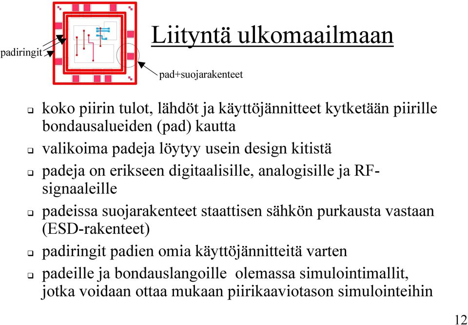 RFsignaaleille padeissa suojarakenteet staattisen sähkön purkausta vastaan (ESD-rakenteet) padiringit padien omia