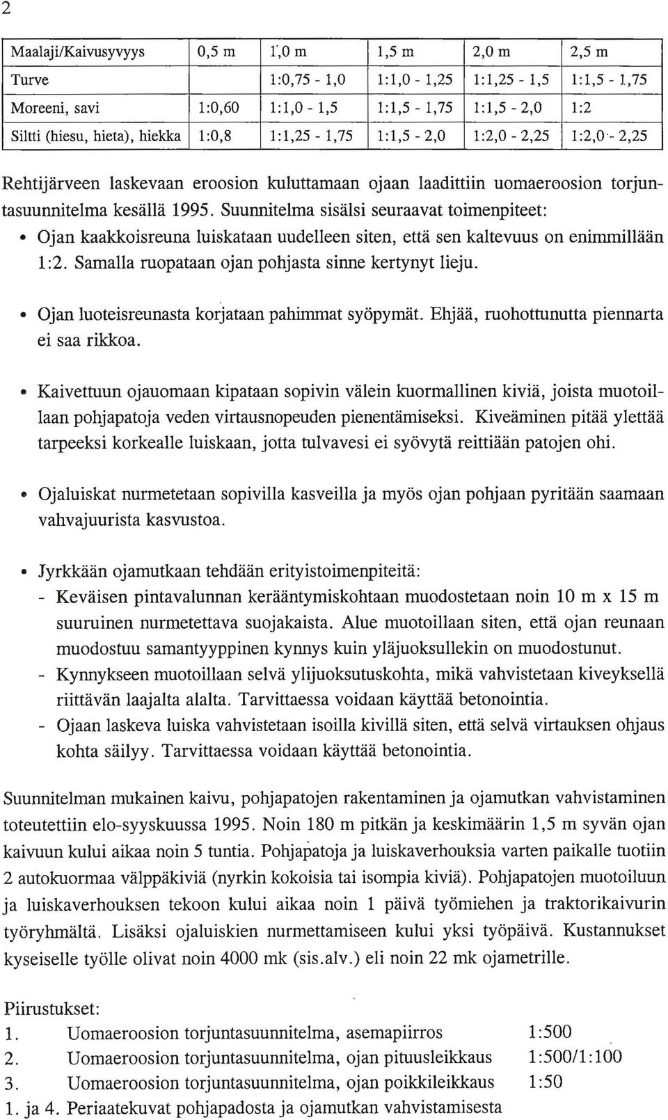 Suunnitelma sisälsi seuraavat toimenpiteet: Ojan kaakkoisreuna luiskataan uudelleen siten, että sen kaltevuus on enimmillään 1 :2. Samalla ruopataan ojan pohjasta sinne kertynyt lieju.