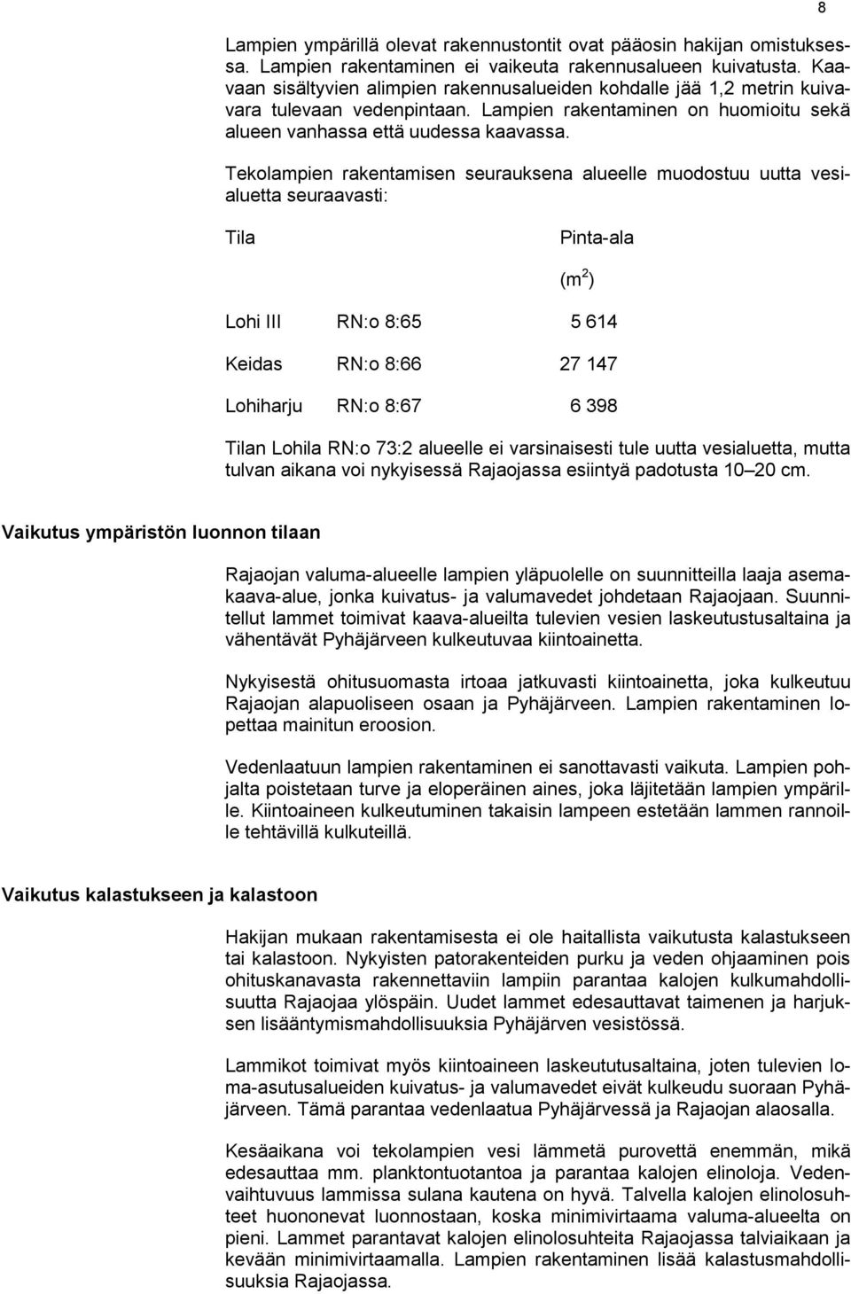 Tekolampien rakentamisen seurauksena alueelle muodostuu uutta vesialuetta seuraavasti: 8 Tila Pinta-ala (m 2 ) Lohi III RN:o 8:65 5 614 Keidas RN:o 8:66 27 147 Lohiharju RN:o 8:67 6 398 Tilan Lohila