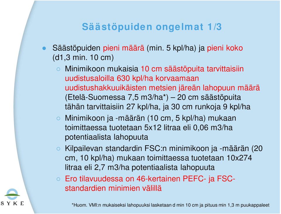 tähän tarvittaisiin 27 kpl/ha, ja 30 cm runkoja 9 kpl/ha Minimikoon ja -määrän (10 cm, 5 kpl/ha) mukaan toimittaessa tuotetaan 5x12 litraa eli 0,06 m3/ha potentiaalista lahopuuta Kilpailevan