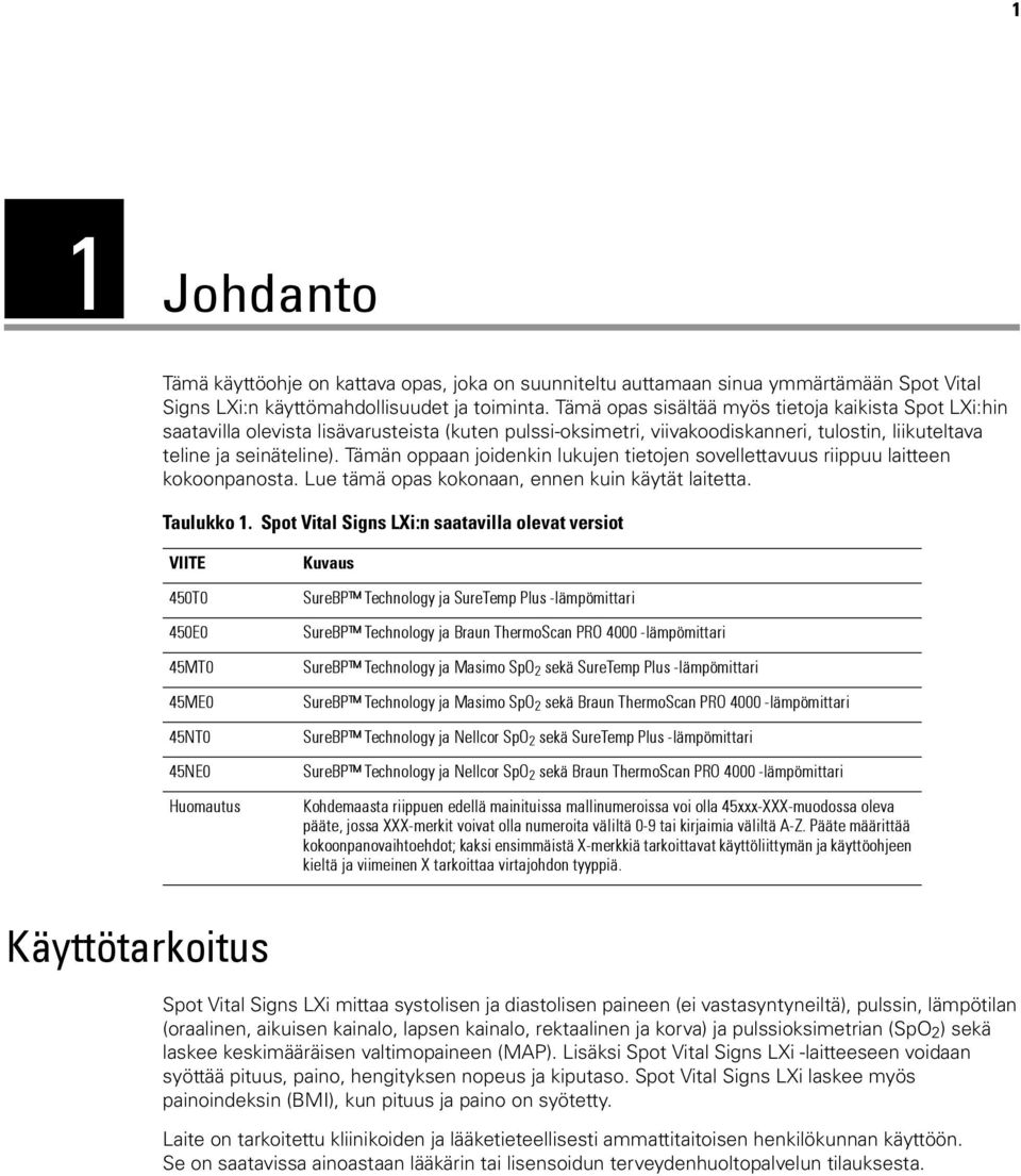 Tämän oppaan joidenkin lukujen tietojen sovellettavuus riippuu laitteen kokoonpanosta. Lue tämä opas kokonaan, ennen kuin käytät laitetta. Taulukko 1.