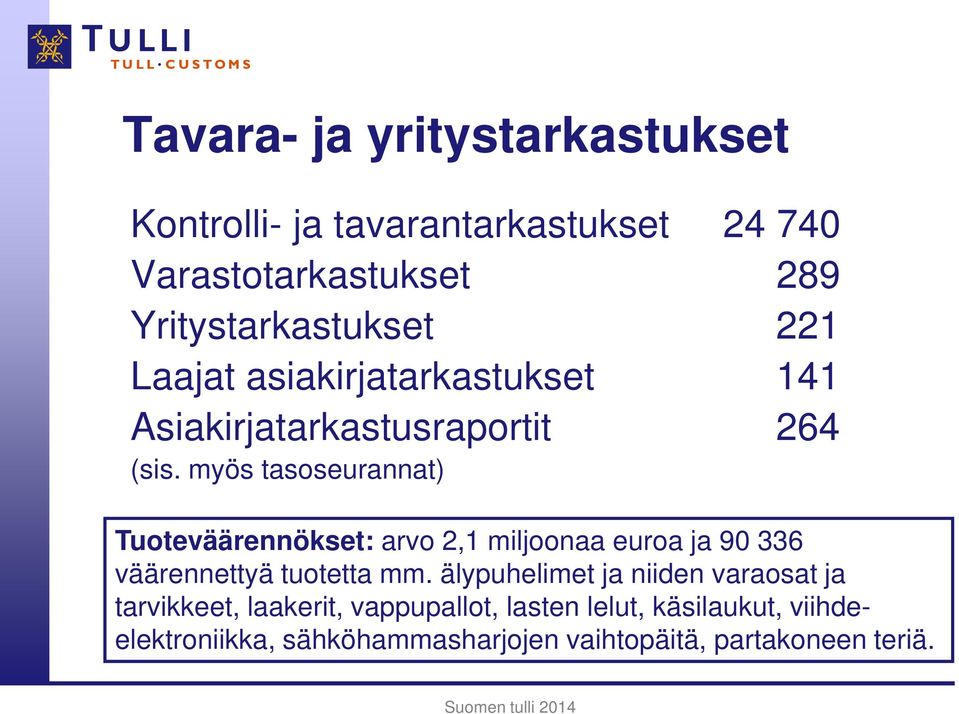 myös tasoseurannat) Tuoteväärennökset: arvo 2,1 miljoonaa euroa ja 90 336 väärennettyä tuotetta mm.