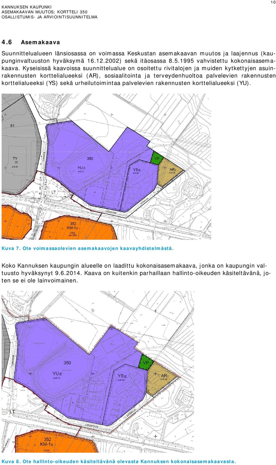 (YS) sekä urheilutoimintaa palvelevien rakennusten korttelialueeksi (YU). Kuva 7. Ote voimassaolevien asemakaavojen kaavayhdistelmästä.