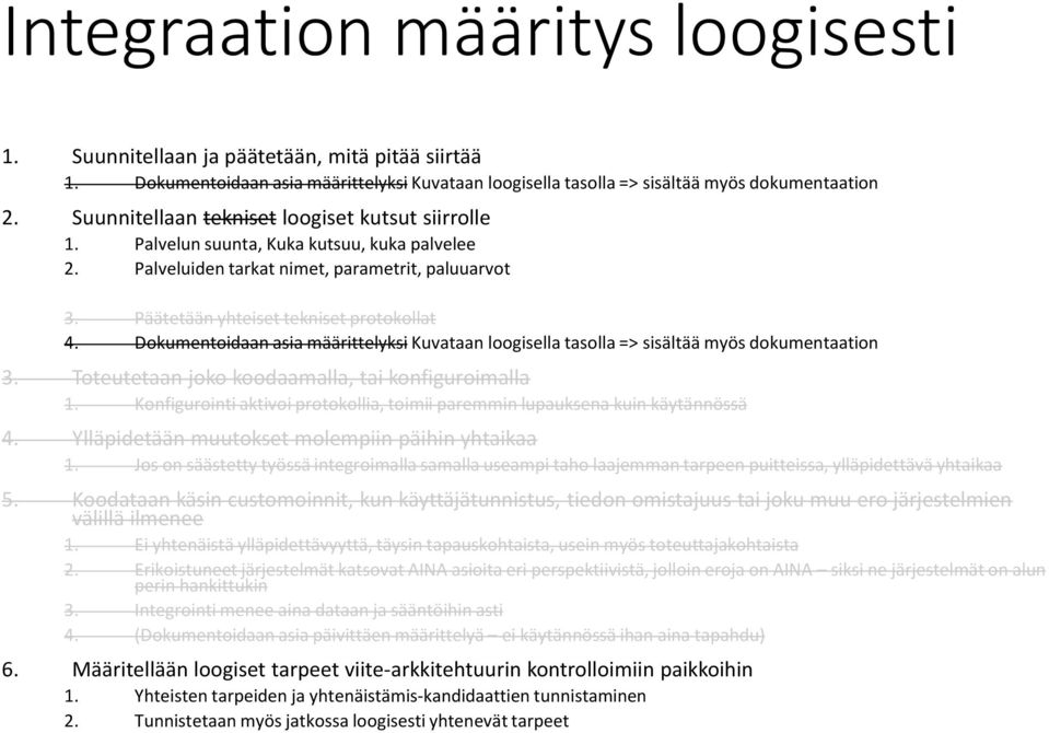 Dokumentoidaan asia määrittelyksi Kuvataan loogisella tasolla => sisältää myös dokumentaation 3. Toteutetaan joko koodaamalla, tai konfiguroimalla 1.