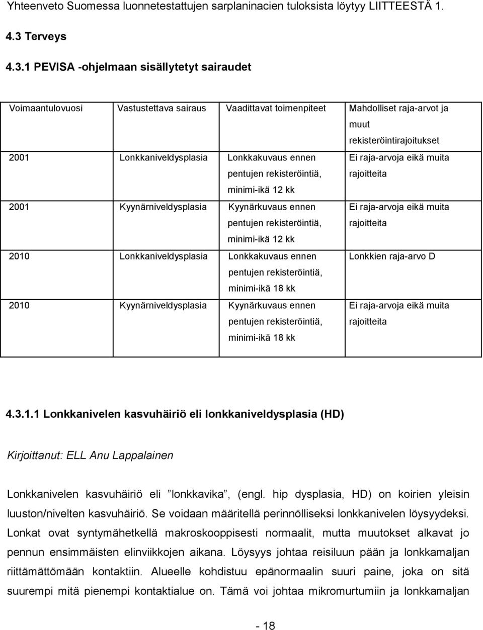 1 PEVISA -ohjelmaan sisällytetyt sairaudet Voimaantulovuosi Vastustettava sairaus Vaadittavat toimenpiteet Mahdolliset raja-arvot ja muut rekisteröintirajoitukset 2001 Lonkkaniveldysplasia