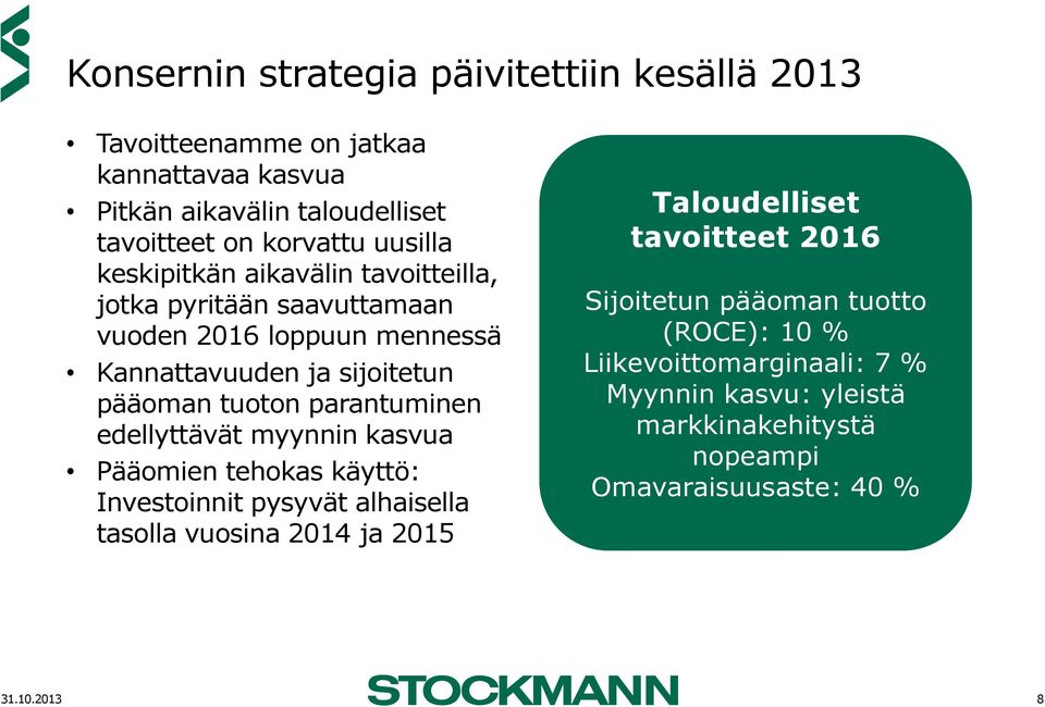 parantuminen edellyttävät myynnin kasvua Pääomien tehokas käyttö: Investoinnit pysyvät alhaisella tasolla vuosina 2014 ja 2015 Taloudelliset