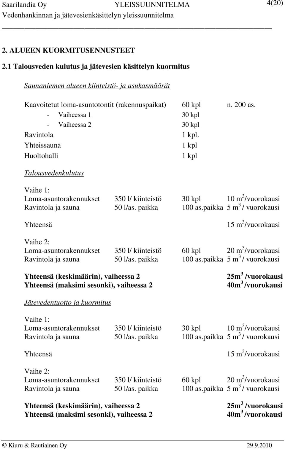 Yhteissauna 1 kpl Huoltohalli 1 kpl Talousvedenkulutus Vaihe 1: Loma-asuntorakennukset 350 l/ kiinteistö 30 kpl 10 m 3 /vuorokausi Ravintola ja sauna 50 l/as. paikka 100 as.